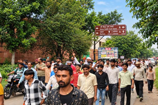 आगरा में UGC के विरोध में सड़क पर प्रदर्शन करते युवक और ट्रैक्टर