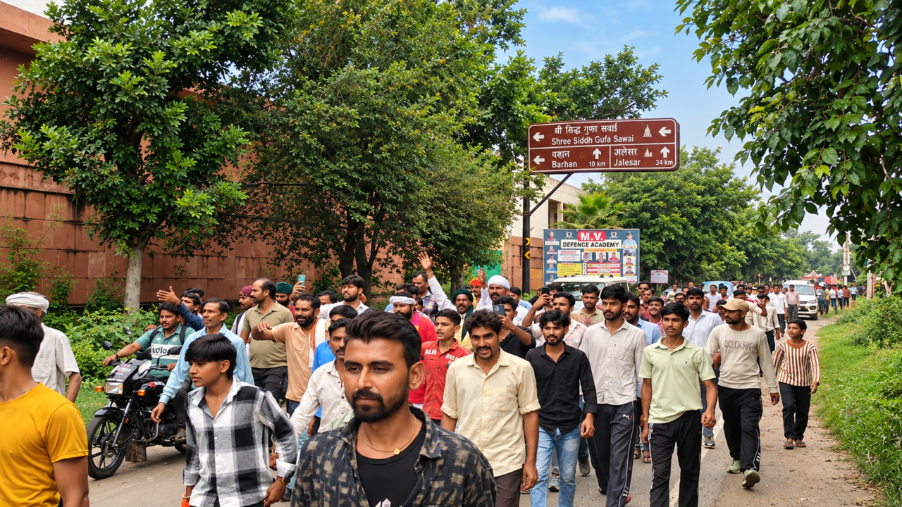आगरा में UGC के विरोध में सड़क पर प्रदर्शन करते युवक और ट्रैक्टर