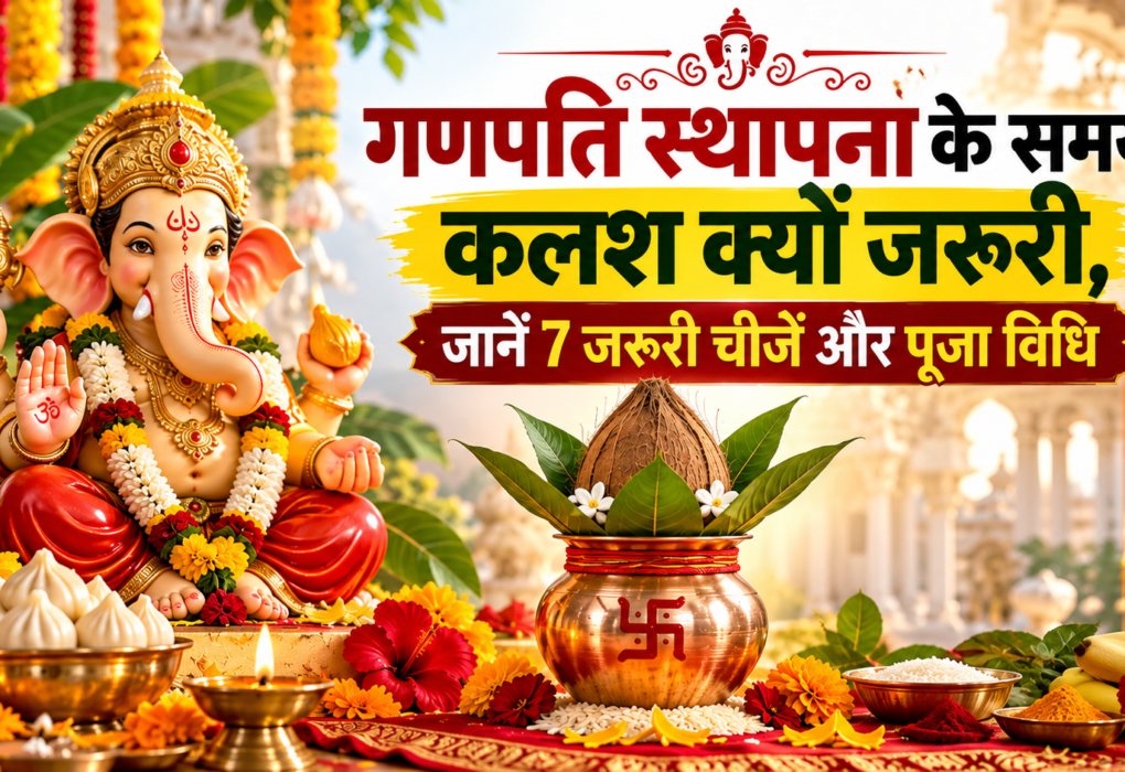 गणपति स्थापना के लिए कलश में स्वच्छ जल सात पूजा सामग्री और नारियल रखने की विधि