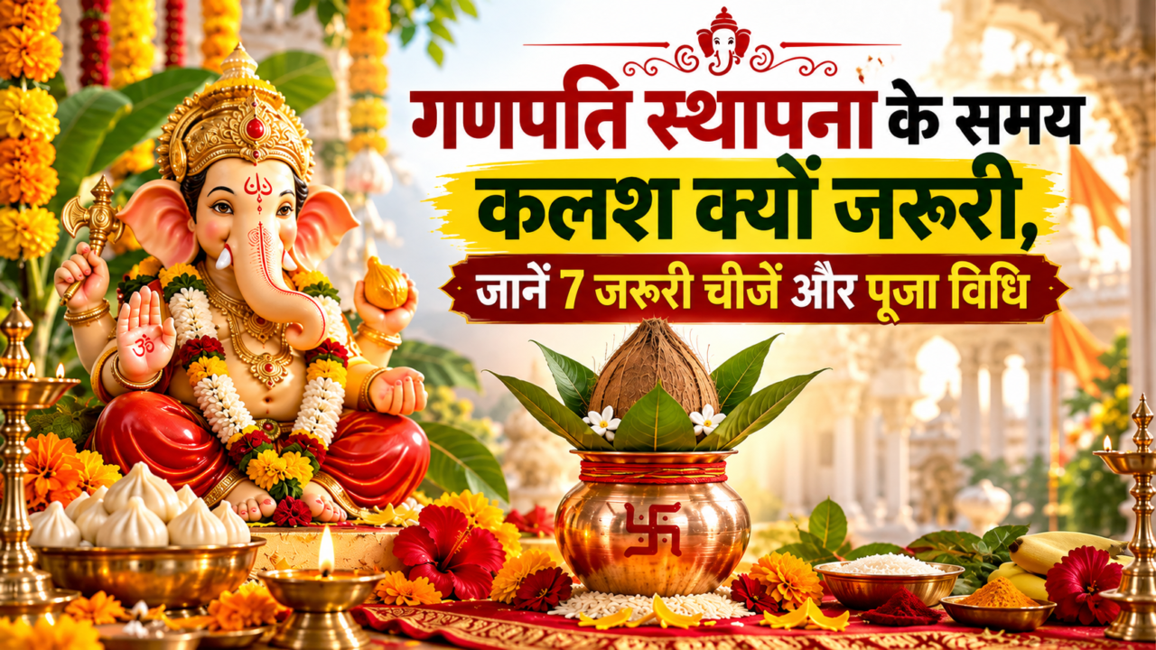 गणपति स्थापना के लिए कलश में स्वच्छ जल सात पूजा सामग्री और नारियल रखने की विधि