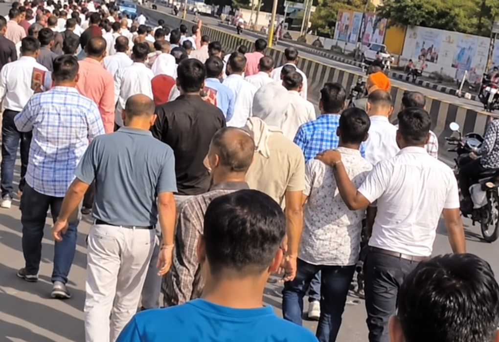 नौ जिलों में कार्रवाई के विरोध में प्रदर्शन करते पटवारी और बैठक के लिए बुलाए गए पटवारी संघ के प्रतिनिधि