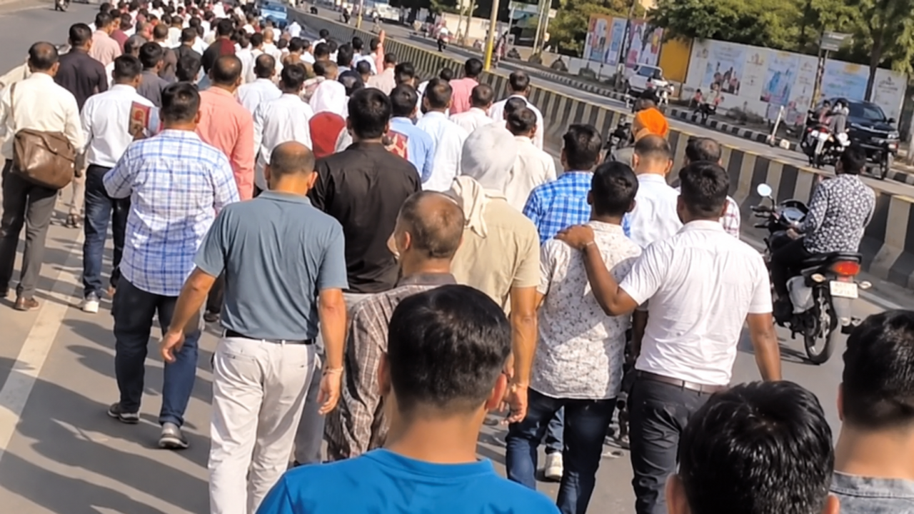 नौ जिलों में कार्रवाई के विरोध में प्रदर्शन करते पटवारी और बैठक के लिए बुलाए गए पटवारी संघ के प्रतिनिधि